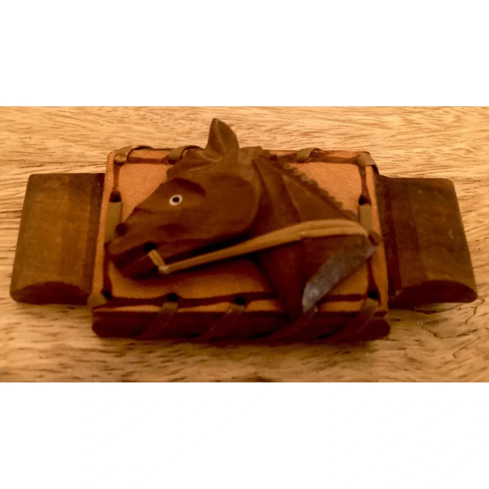 Vintage 1930's Horse Western Equestrian Brooch Pin Hand Carved Wood Leather EUC